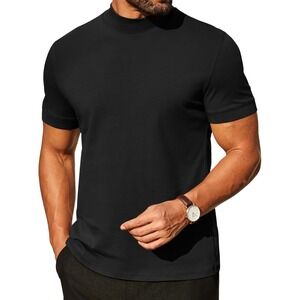 COOFANDY Mens Small Mock Turtleneck T Shirt Short Sleeve Black Polyester Spandex